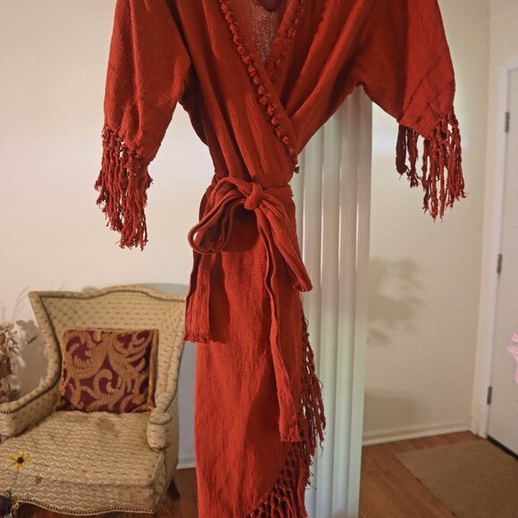 Organic Boho Linen Wrap Dress w/ Fringe - Picture 5 of 5